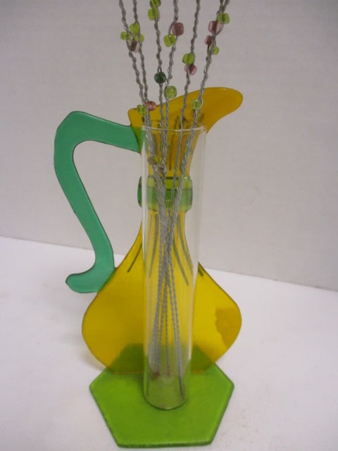 Yellow & Green Pitcher Style Vase w/Butterfly Flowers - 4