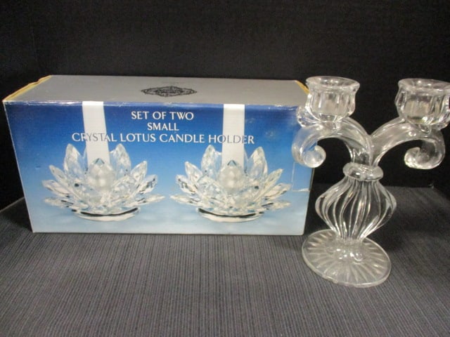 Double Arm Vtg. Candleabra & Godinger Lotus Candleholder Set: .
