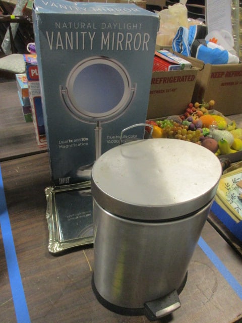 Lot-Stainless Wastebasket, Framed 10 x 12 Mirror, Natural (1 of 7)