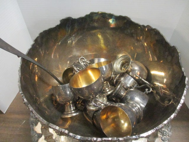 Ornate Silverplate Footed Punch Bowl w/Underplate/Cups - 2