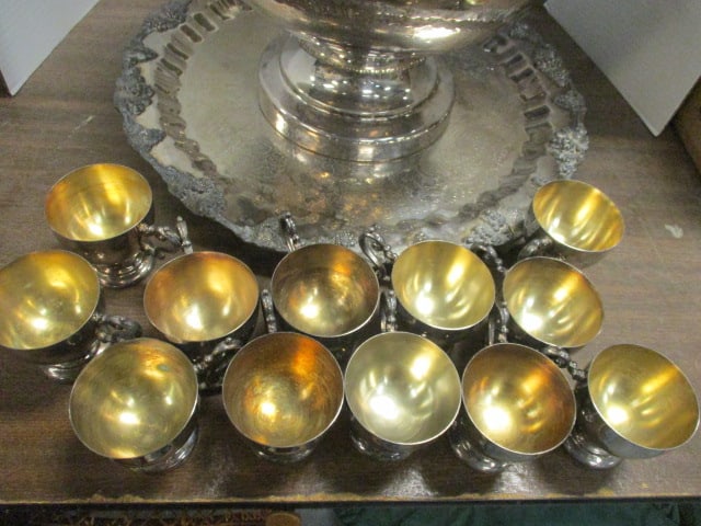Ornate Silverplate Footed Punch Bowl w/Underplate/Cups - 3