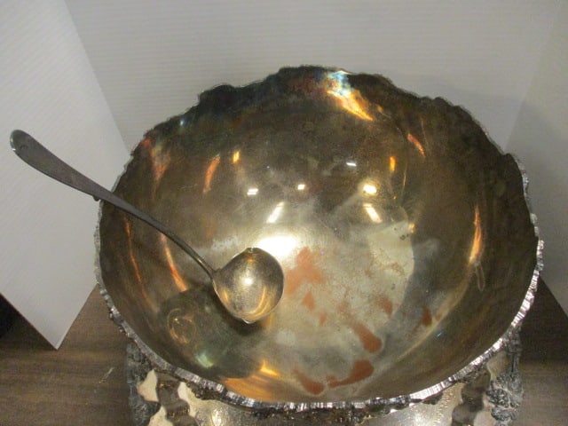 Ornate Silverplate Footed Punch Bowl w/Underplate/Cups - 4