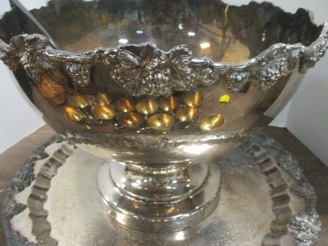 Ornate Silverplate Footed Punch Bowl w/Underplate/Cups - 6