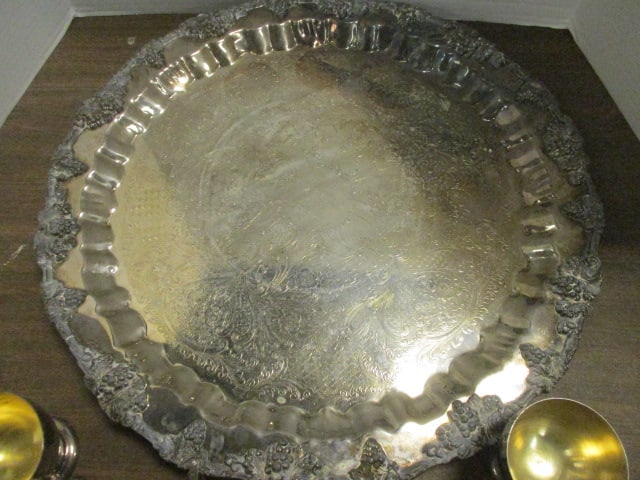 Ornate Silverplate Footed Punch Bowl w/Underplate/Cups - 7