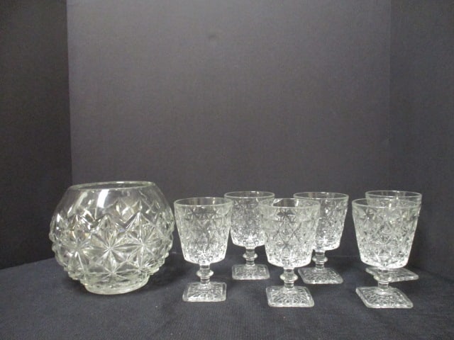 Vintage Imperial Glass "Mt. Vernon" Crisscross Press Glass Stems and Bowl Set: (6) 5 1/4" glasses and (1) 6 1/2" bowl