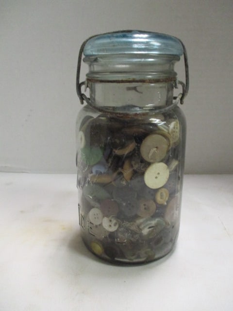 Vintage No. 6 Blue Glass Mason Jar Filled with Buttons: 8"