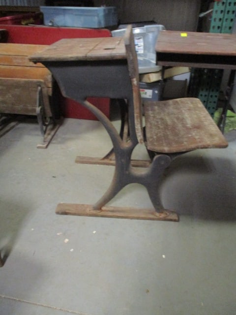Antique Wood and Cast Iron Child's School Desk with Folding Front Seat: 24" x 37" x 31", wear and rust, Local Pickup Only