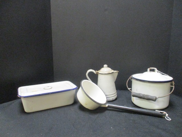 Lot of Vintage White Enamel Cookware and Small Coffee Pot (1 of 12)