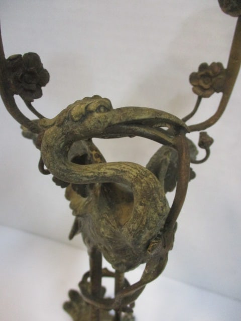 19th Century Metal Chinese Egret/Turtle Happiness Candlestick - 2