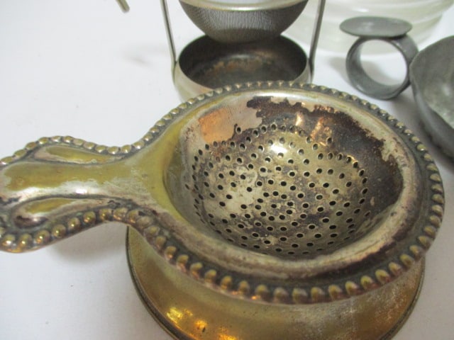 Vtg. Kitchen Grouping-3 tea strainers, wine tester, 1930's - 2