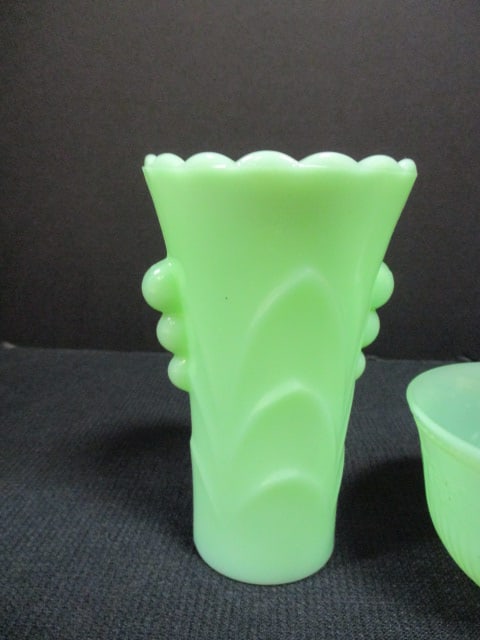 Fireking Jadeite Art Deco Vase & Alice Cup & Blue small casserole - 2
