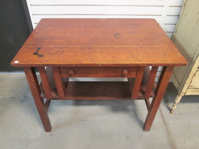 Vintage Tiger Oak Arts & Craft Desk with Knee Drawer and Book Shelf Sides - 2