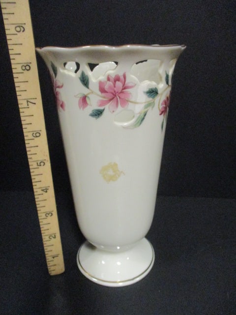 Lenox Barrington Collection Footed Vase with Pierced Edge and Peoney Flowers - 5