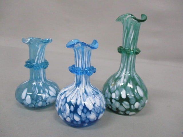 Vintage Teal Green Splatter Glass Vase 6" & 2 Blue Splatter Glass Vases 4.5": .