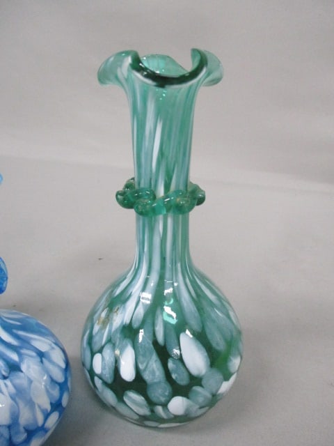 Vintage Teal Green Splatter Glass Vase 6" & 2 Blue Splatter Glass Vases 4.5" - 2