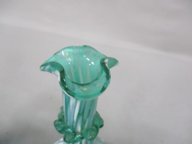 Vintage Teal Green Splatter Glass Vase 6" & 2 Blue Splatter Glass Vases 4.5" - 3