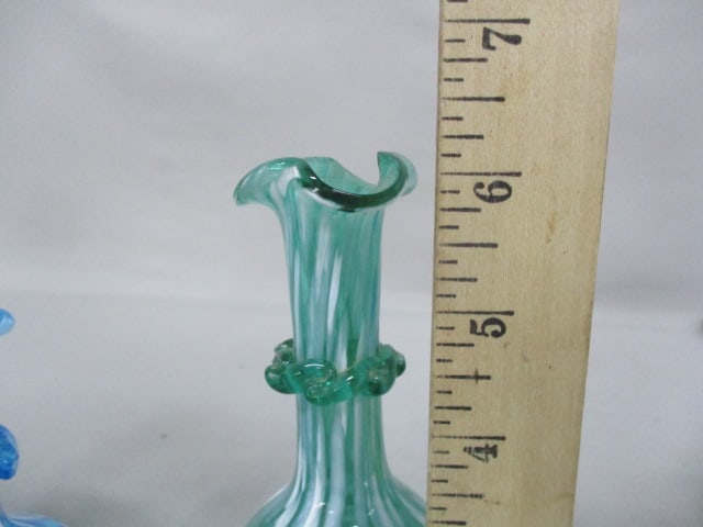 Vintage Teal Green Splatter Glass Vase 6" & 2 Blue Splatter Glass Vases 4.5" - 5