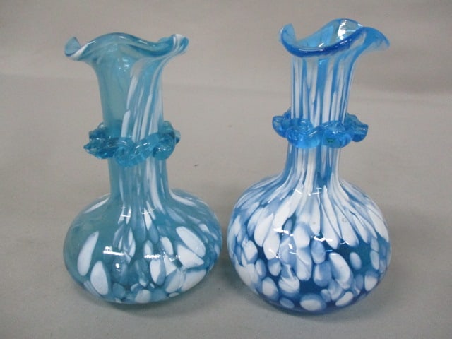 Vintage Teal Green Splatter Glass Vase 6" & 2 Blue Splatter Glass Vases 4.5" - 6