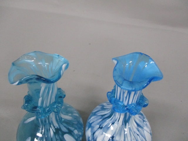 Vintage Teal Green Splatter Glass Vase 6" & 2 Blue Splatter Glass Vases 4.5" - 7