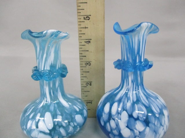 Vintage Teal Green Splatter Glass Vase 6" & 2 Blue Splatter Glass Vases 4.5" - 9