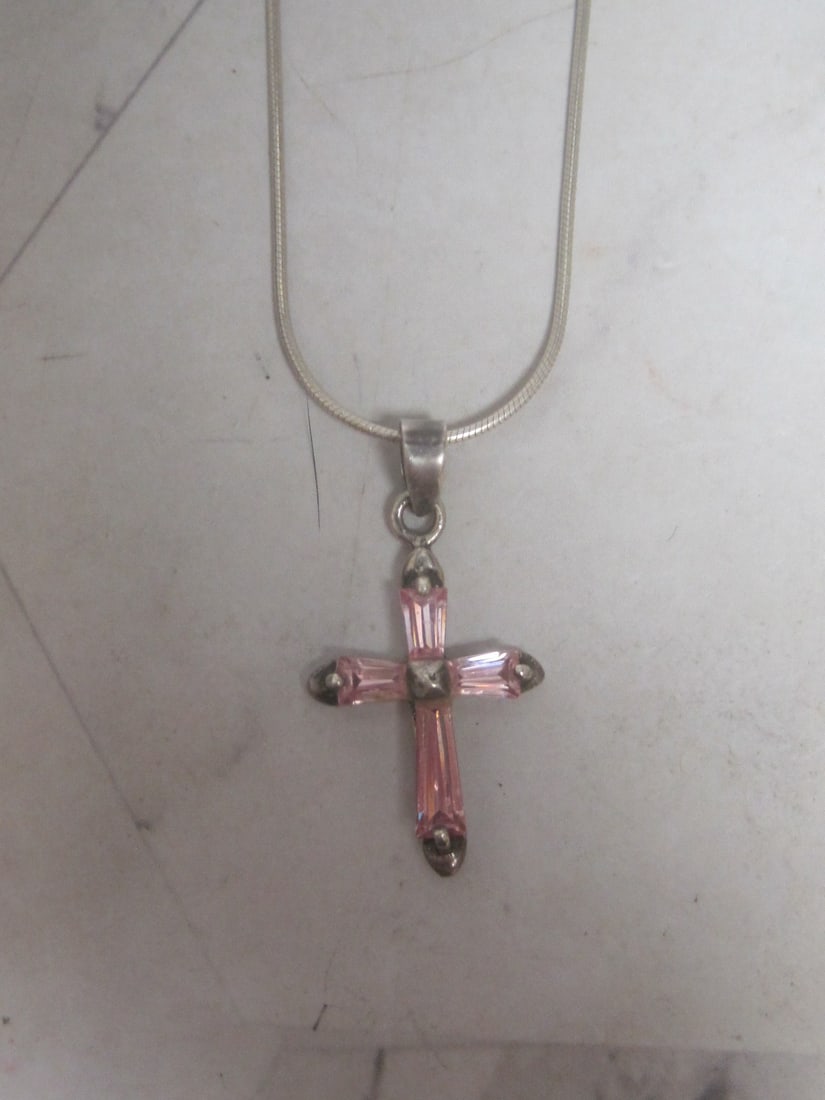 Sterling Silver Cross with Pink Stones Pendant on 20" Sterling Silver Snake Chain: Weighs 4.6 grams