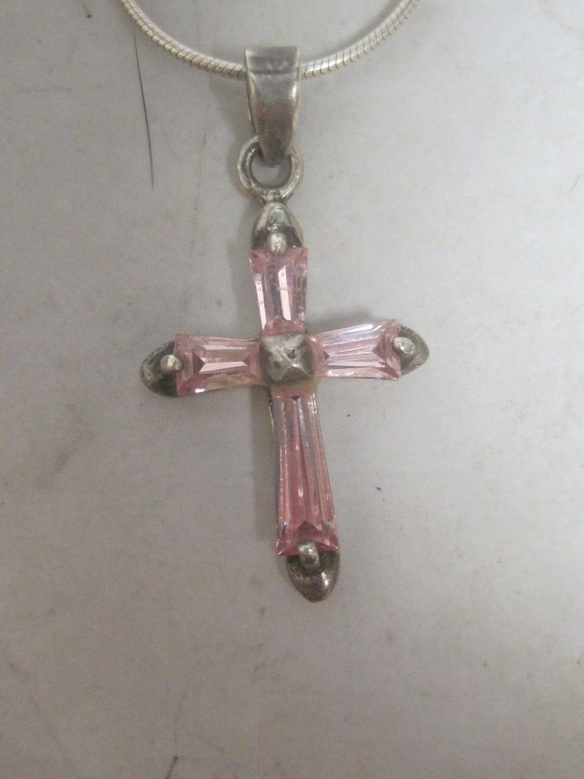 Sterling Silver Cross with Pink Stones Pendant on 20" Sterling Silver Snake Chain - 2