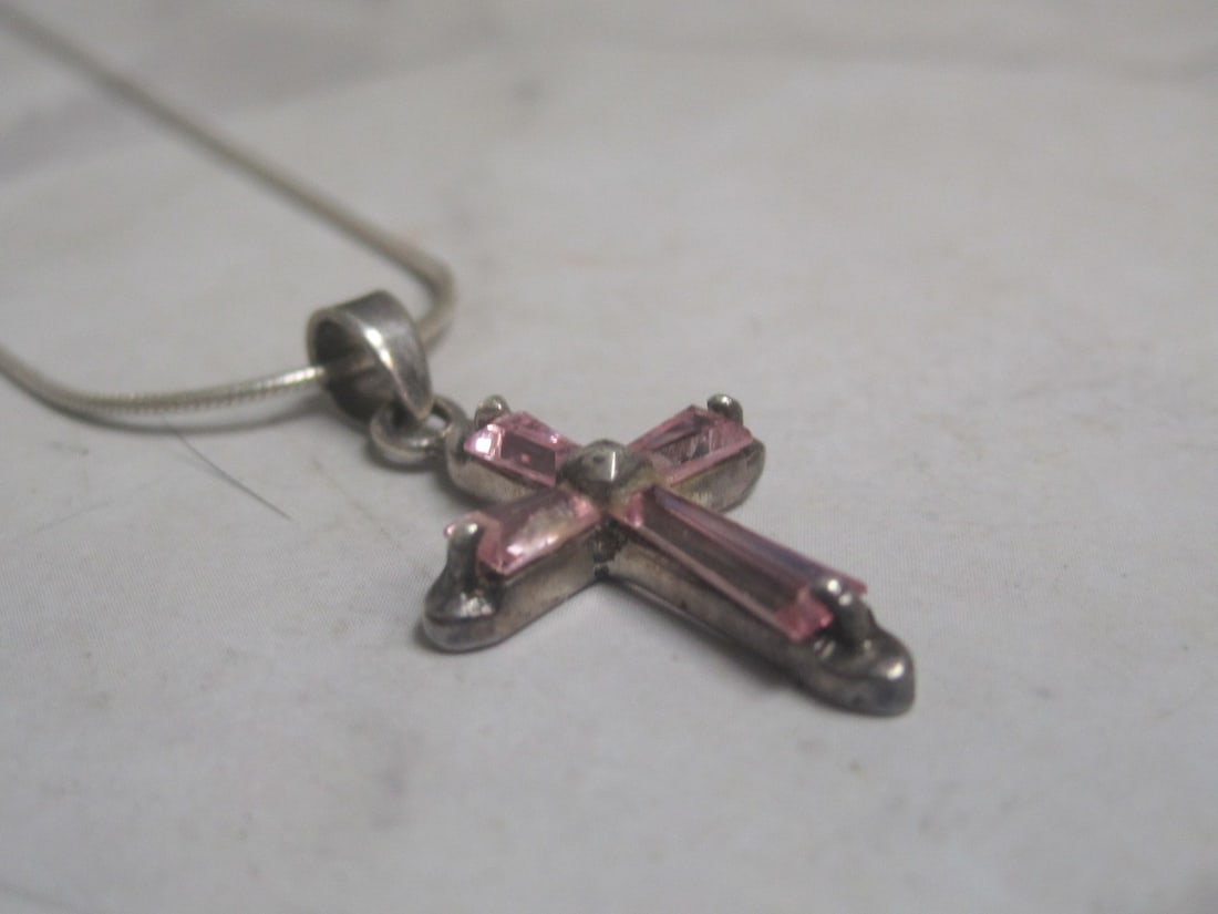 Sterling Silver Cross with Pink Stones Pendant on 20" Sterling Silver Snake Chain - 3