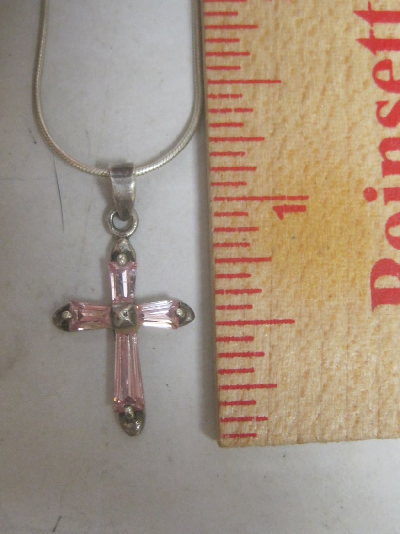 Sterling Silver Cross with Pink Stones Pendant on 20" Sterling Silver Snake Chain - 5
