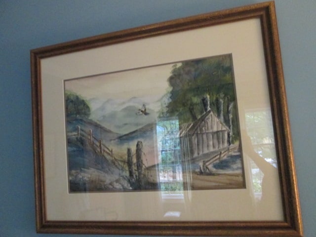Hal Modre Signed Original Mountain Cabin Landscape Watercolor: Framed and matted 30" x 23 1/2", signed Hal Modre-76 on lower edge, Local Pickup Suggested