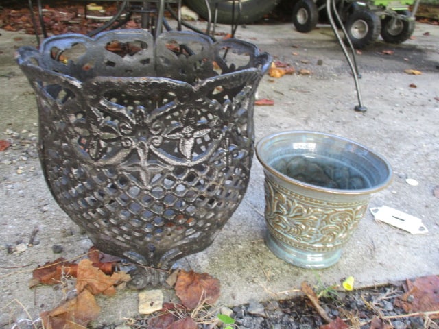 Cast Metal Pot Holder and Glazed Pottery Pot: Pot holder 12 1/2"dia x 12"h, Pot 7 3/4"dia x 7"h, Local Pickup Only