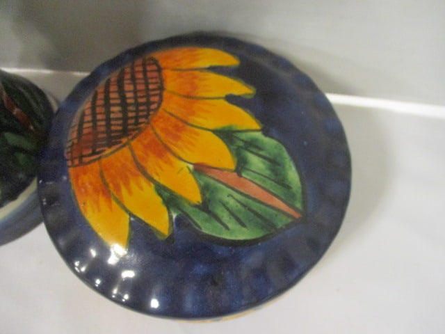 Handpainted Sunflower Motif Mexican Pottery Trinket Box, Dish and 3 Lite Candleholder - 3