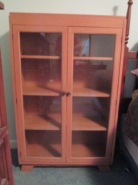 Midcentury Style Natural Finish Wood Glass Door Display Cabinet: 30 1/2" x 11" x 48", three fixed shelves, Local Pickup Only