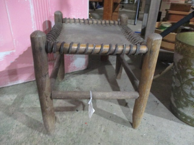 Antique Wood Foot Stool with Conveyor Belt Seat: 14" x 12" x 12 1/2", Local Pickup Only