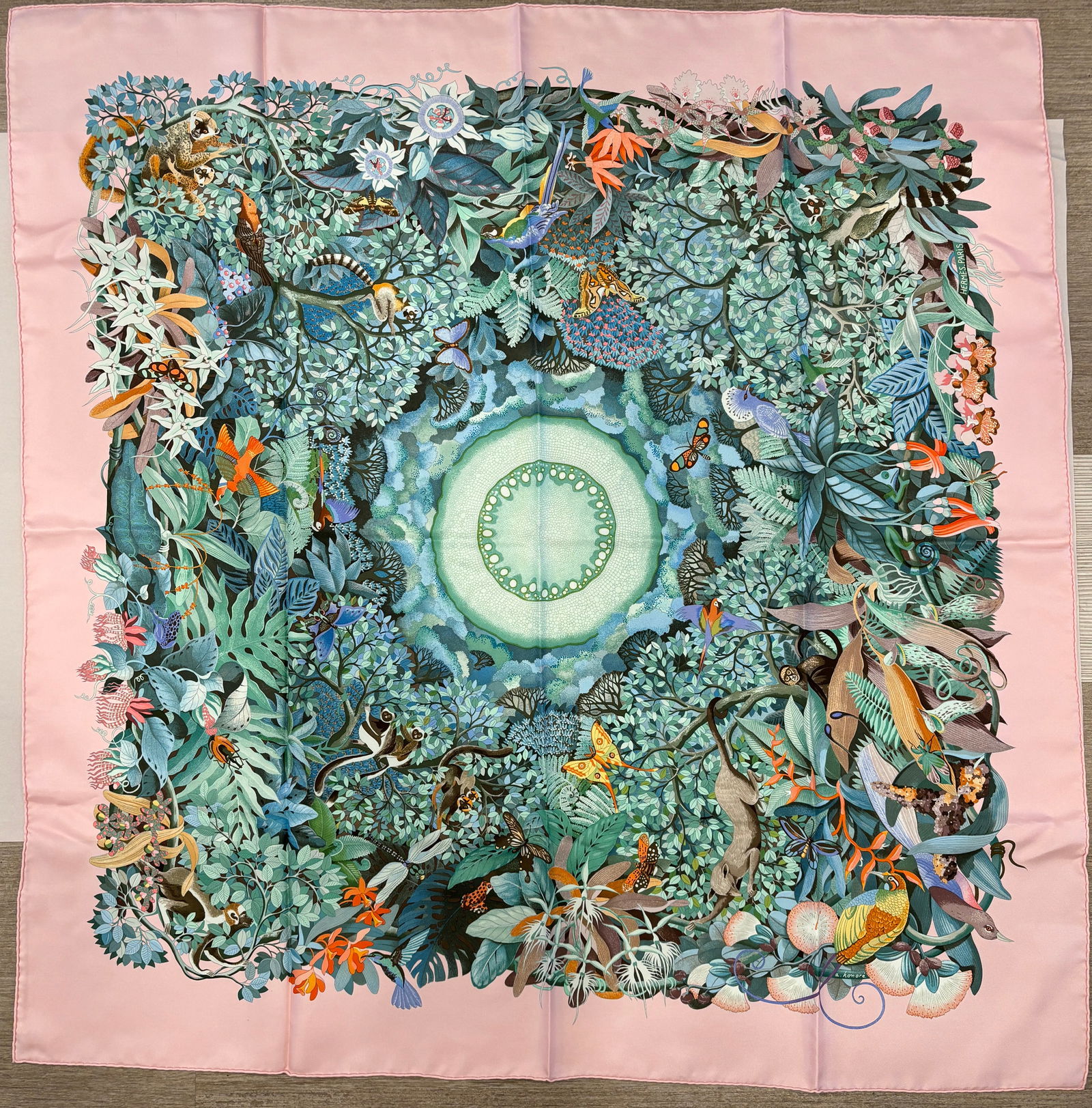 Hermes Paris "Au Coeur de la Vie" Pink Lemur Wildlife Silk Scarf (1 of 11)