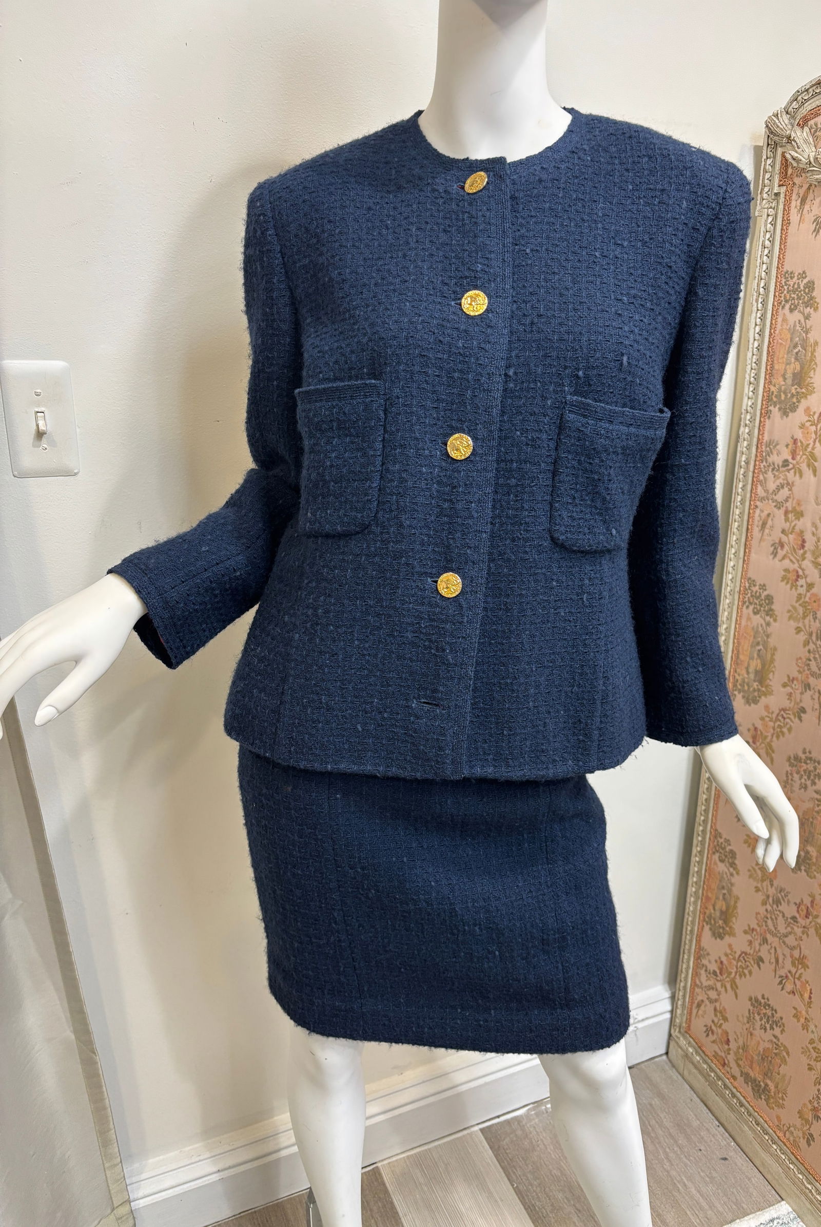 Vintage Navy Blue Tweed Gold Button Chanel Suit, Size 38 (1 of 7)