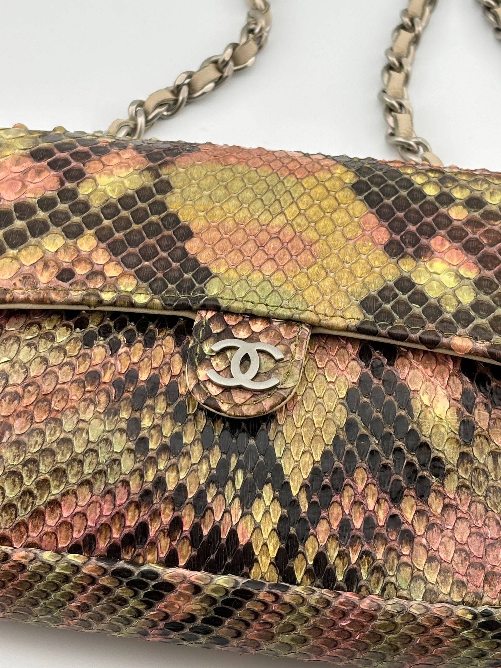 Vintage 2000-02 CHANEL Extra Mini Flap Handbag Pink Multi PYTHON Skin Crossbody or Waist Purse (1 of 8)