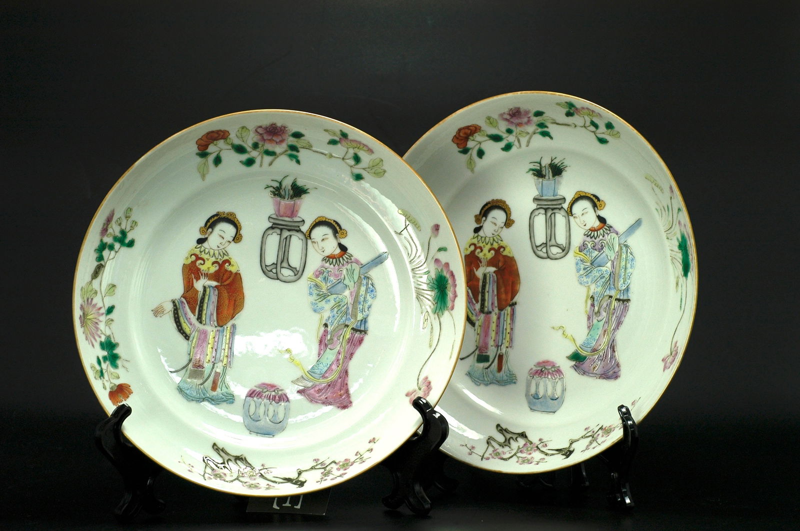 Qing Dynasty Famille Rose Ladies and Boys Foliated Rimmed Dish, a Pair: H4.8cm x W24.5cm. Qing Dynasty Xianfeng Famille Rose Beauty Figure Folded Rim Dishes (Pair, with 'Da Qing Xianfeng Nianzhi' marks). Dating: Authentic Xianfeng period pieces, imperial kiln or imperial-
