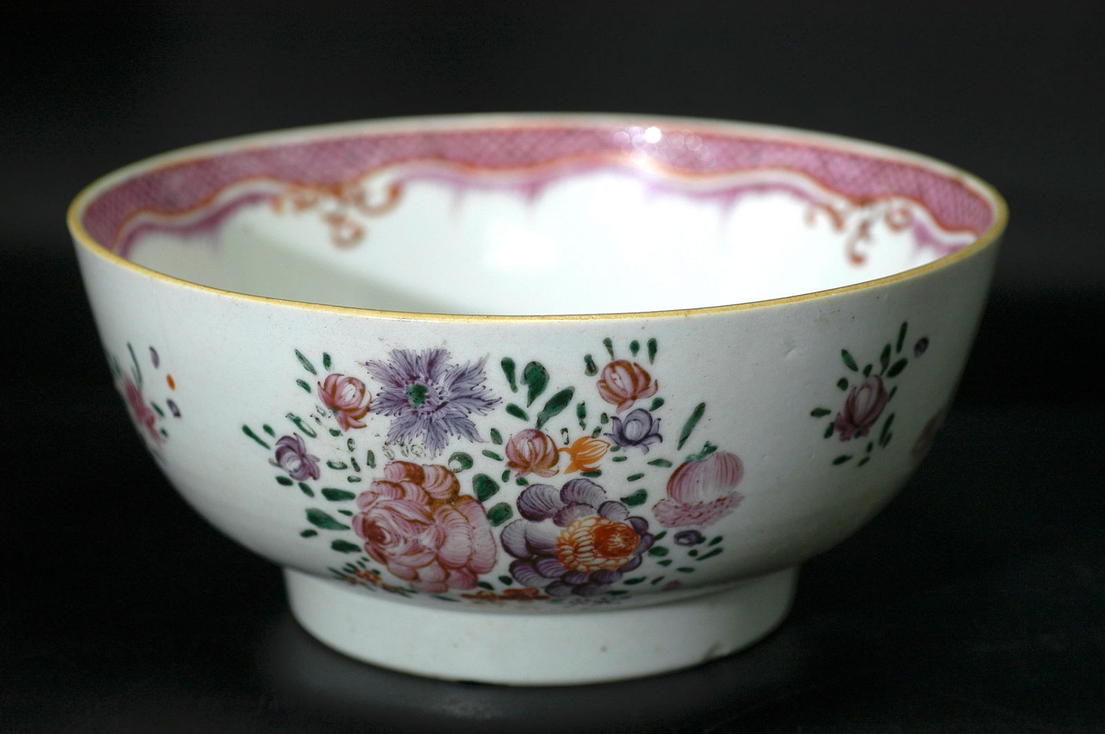 Qing Dynasty Qianlong to Jiaqing Period Canton Enamel Export Floral Bowl: H7.9xW7.4cm. Canton enamel bowl with floral design (export porcelain). White porcelain body with Canton enamel. Qing Qianlong to Jiaqing period (circa late 18th-early 19th century). Market reference p