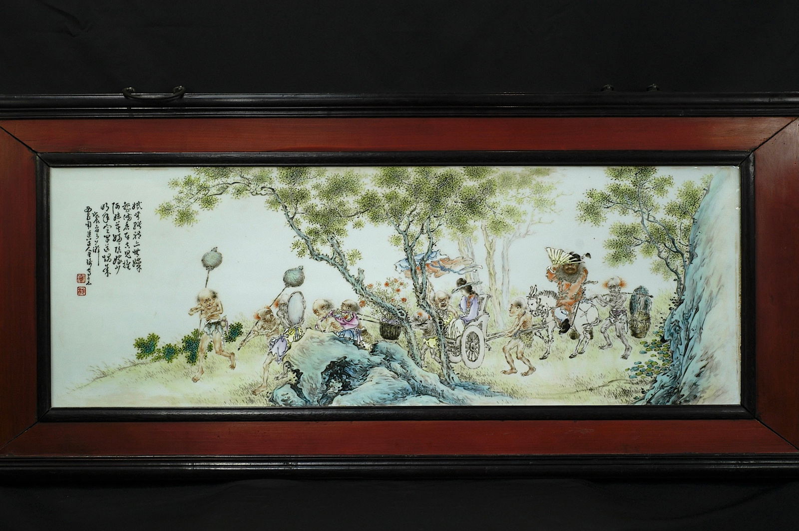 Republic Period 'Zhushan Babe' Wang Qi Style Famille Rose 'Zhong Kui Marries Off His Sister': H48.8cm W109cm (include wood frame) Subject: Zhong Kui Marrying Off His Sister. Period: Republican era (Wang Qi style). Technique: Famille rose porcelain plaque, rosewood frame. Reference prices: Wang