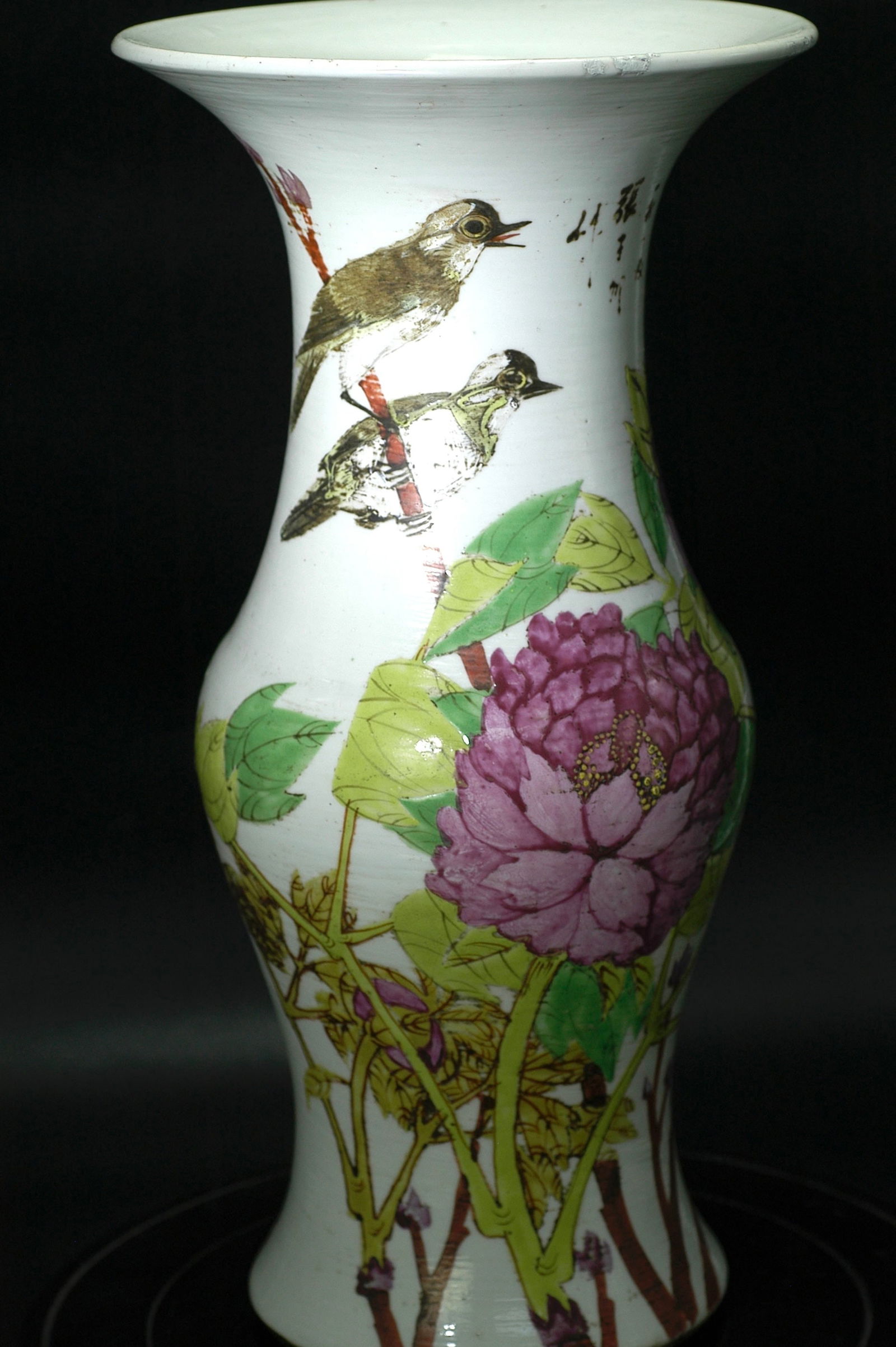 Early Republic Period New Famille Rose 'Noble White-Headed' Flower Gu (Zhang Ziqing, Gengxu Year: H38.5cm W19.8cm Early Republic period new famille rose 'Fu Gui Bai Tou' pattern gu vase (by Zhang Ziqing, Gengxu year mark). Jingdezhen white porcelain body with new famille rose. Early Republic perio