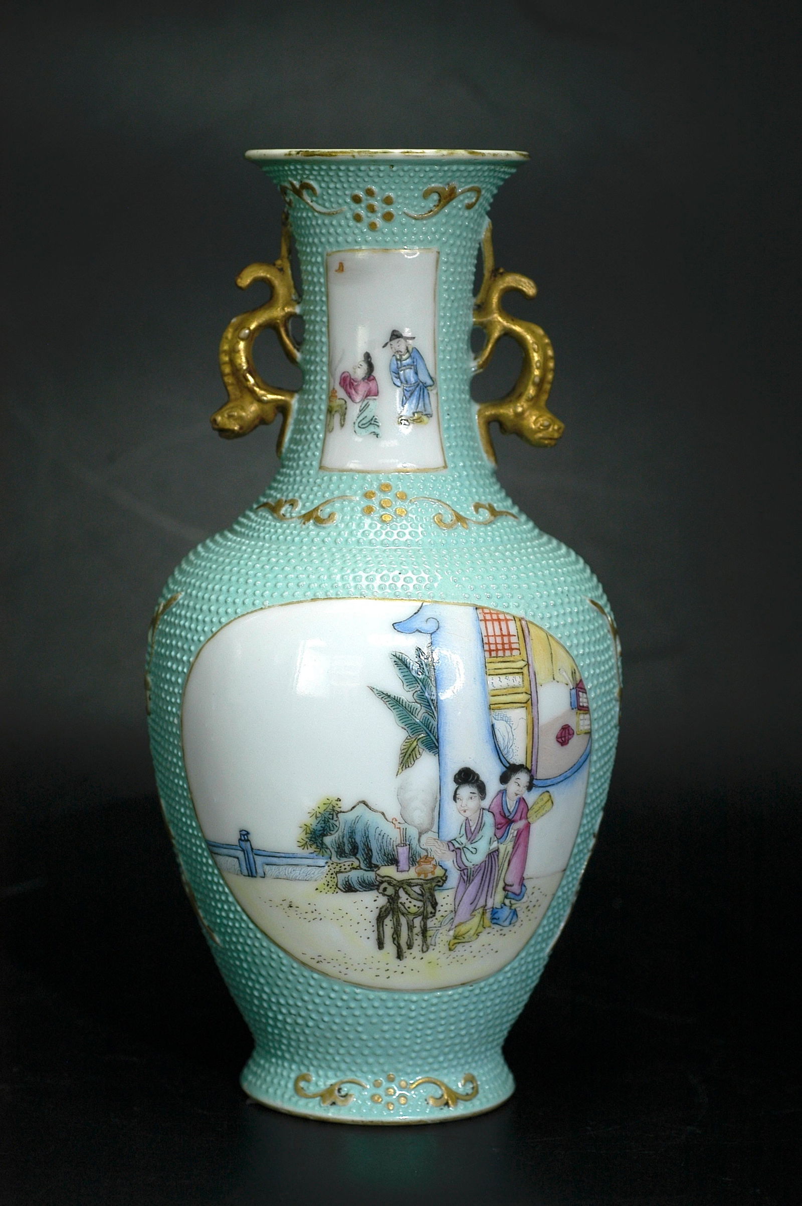 Republic Period Pale Blue Pearl-Ground Gilded Medallion Lady Figures Double Dragon-Handle Dish-Mouth: H:18.5cm W:9cm. Republic Period pearl-ground famille-rose figure story double-handled vase, circa mid-20th century. Jingdezhen porcelain with famille-rose enamels and gilt decoration. Pearl-ground res