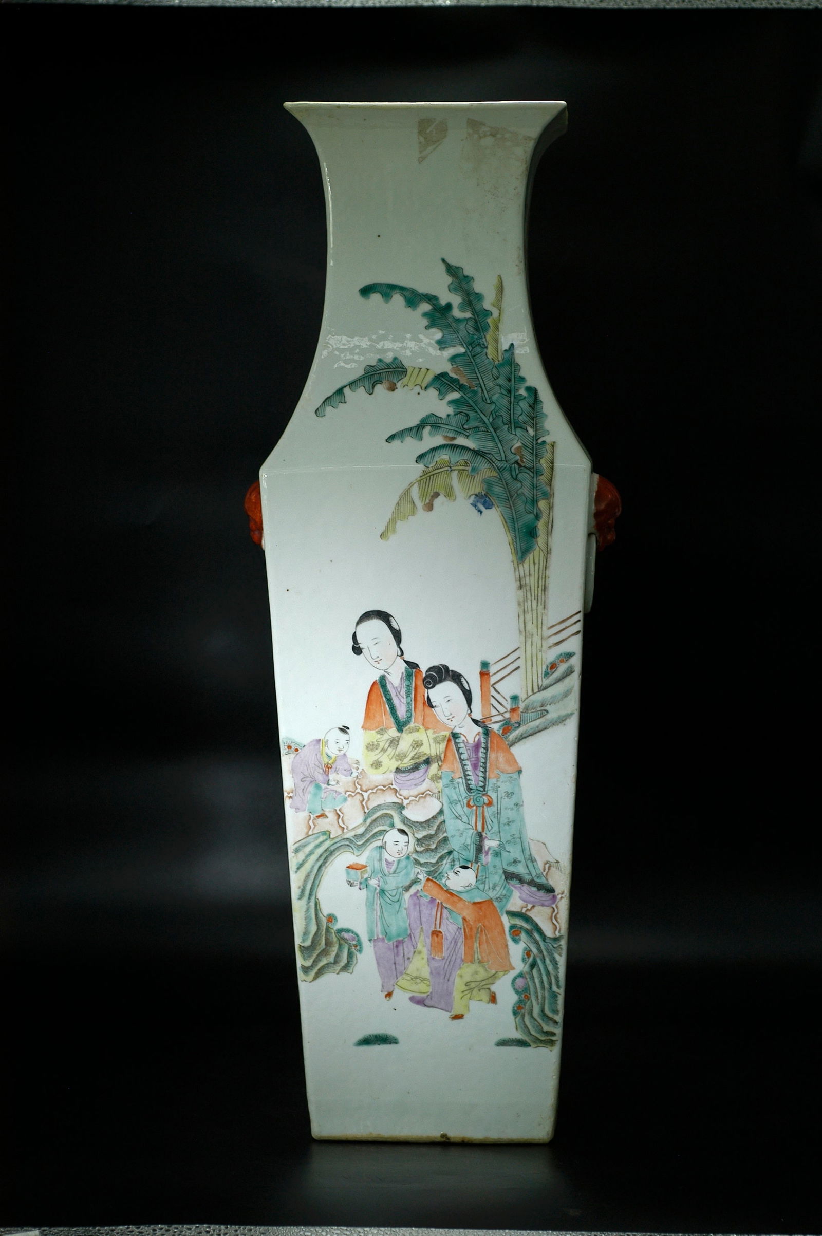 Late Qing to Republic Period Famille Rose Iron-Red Medallion Figures Poetry Square Vase with Beast: H59cm W18.5cm. Late Qing to Republic Period famille-rose and iron-red reserve figure-and-poetry square vase with beast-mask ring handles. Jingdezhen white porcelain body with famille-rose, iron-red, a