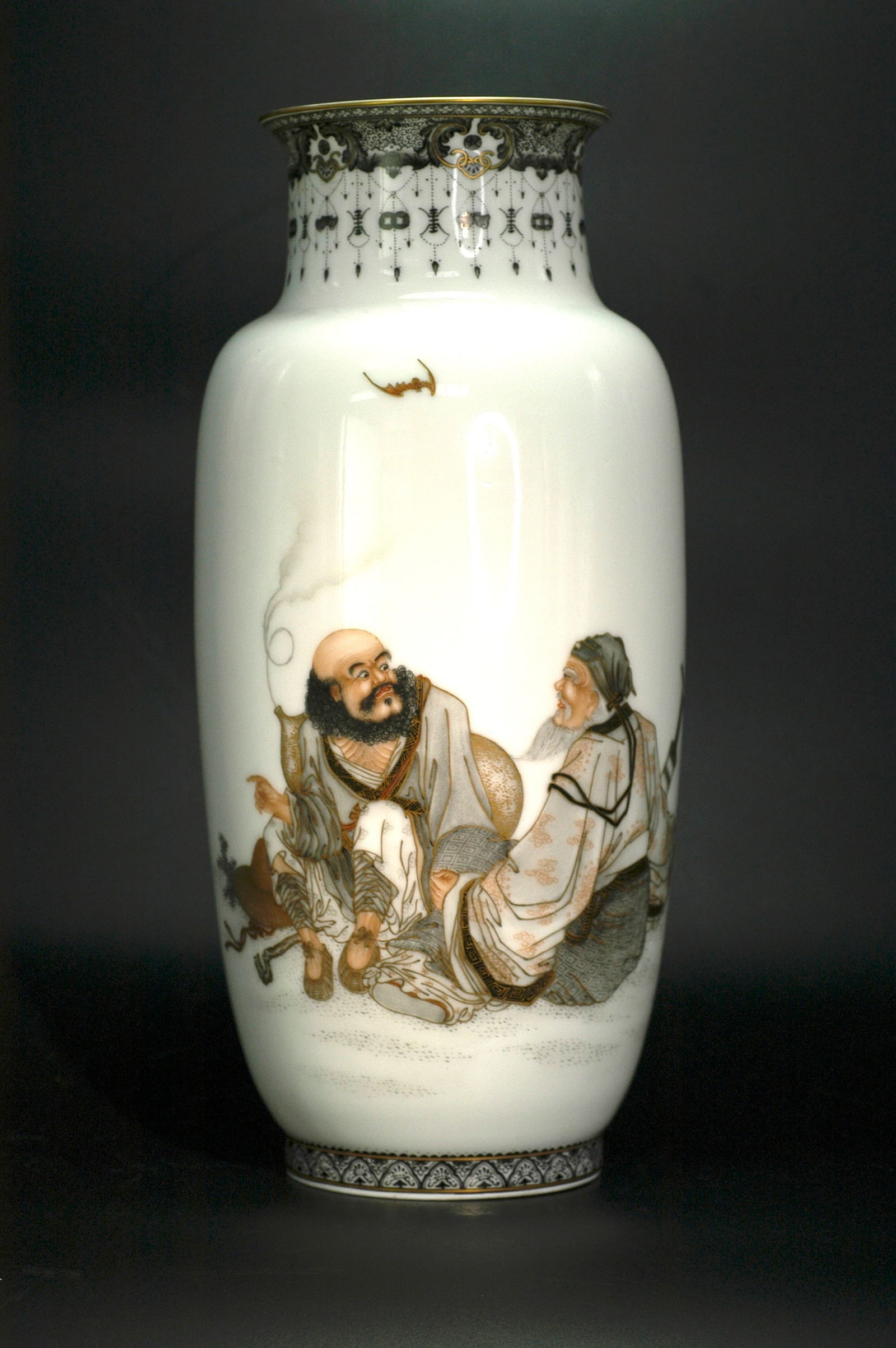 Lei Huo Lian Famille Rose Lantern Vase with Figures: H:29.5cm W:13cm. Modern famille-rose figure story lantern vase by Lei Huolian featuring the "Iron Staff Without Mercy" theme. Created in 2021 (Xinchou Year) at Zhushan, Jingdezhen. High-grade white po