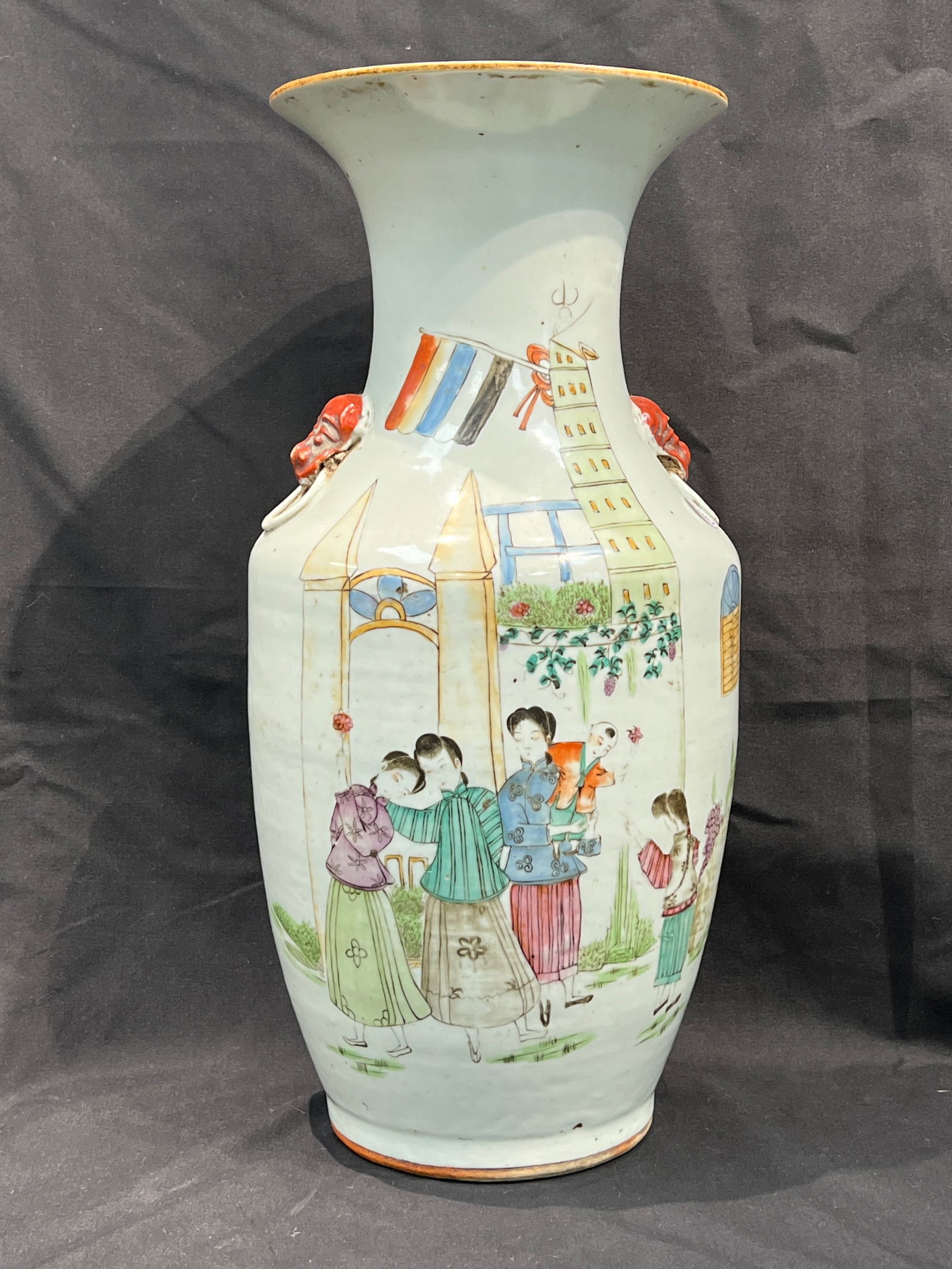 Republic Period Famille Rose Fashion Beauty Double-Handle Large Vase: H42.8cm W20cm Collection name: Republic period famille rose fashionable beauty pattern double-handled large vase. Core material: Jingdezhen white porcelain, famille rose. Dating estimate: Early Republ