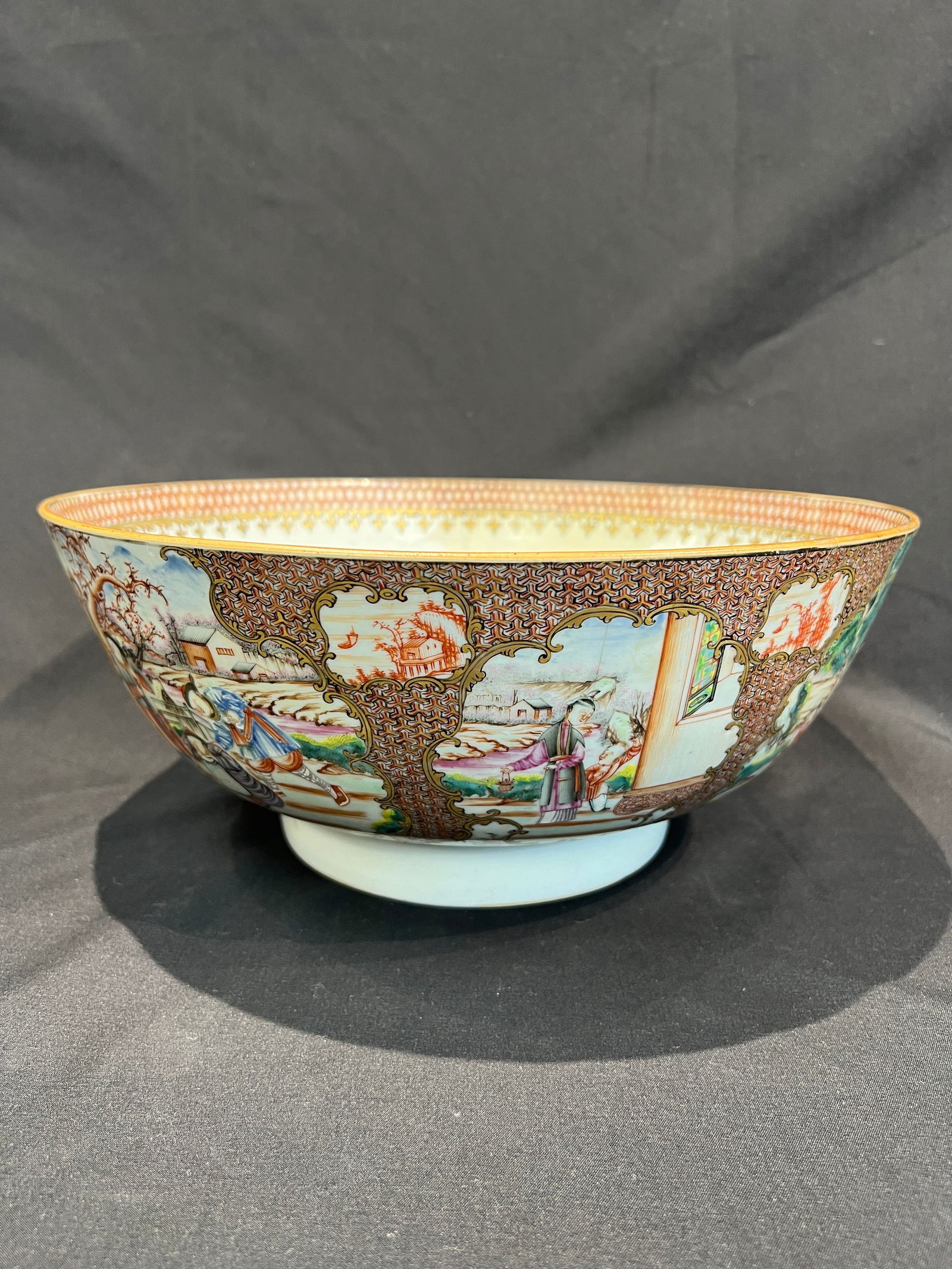 Qing Qianlong Canton Enamel Medallion Figural Narrative Large Bowl (Custom Export Piece): H13.3cm W31.3cm. Qing Dynasty Qianlong Period - Canton Enamel Large Bowl with Reserve Figural Narrative Decoration (Export Custom Ware). Essential Features: Form: Flared rim, curved belly, ring foot w