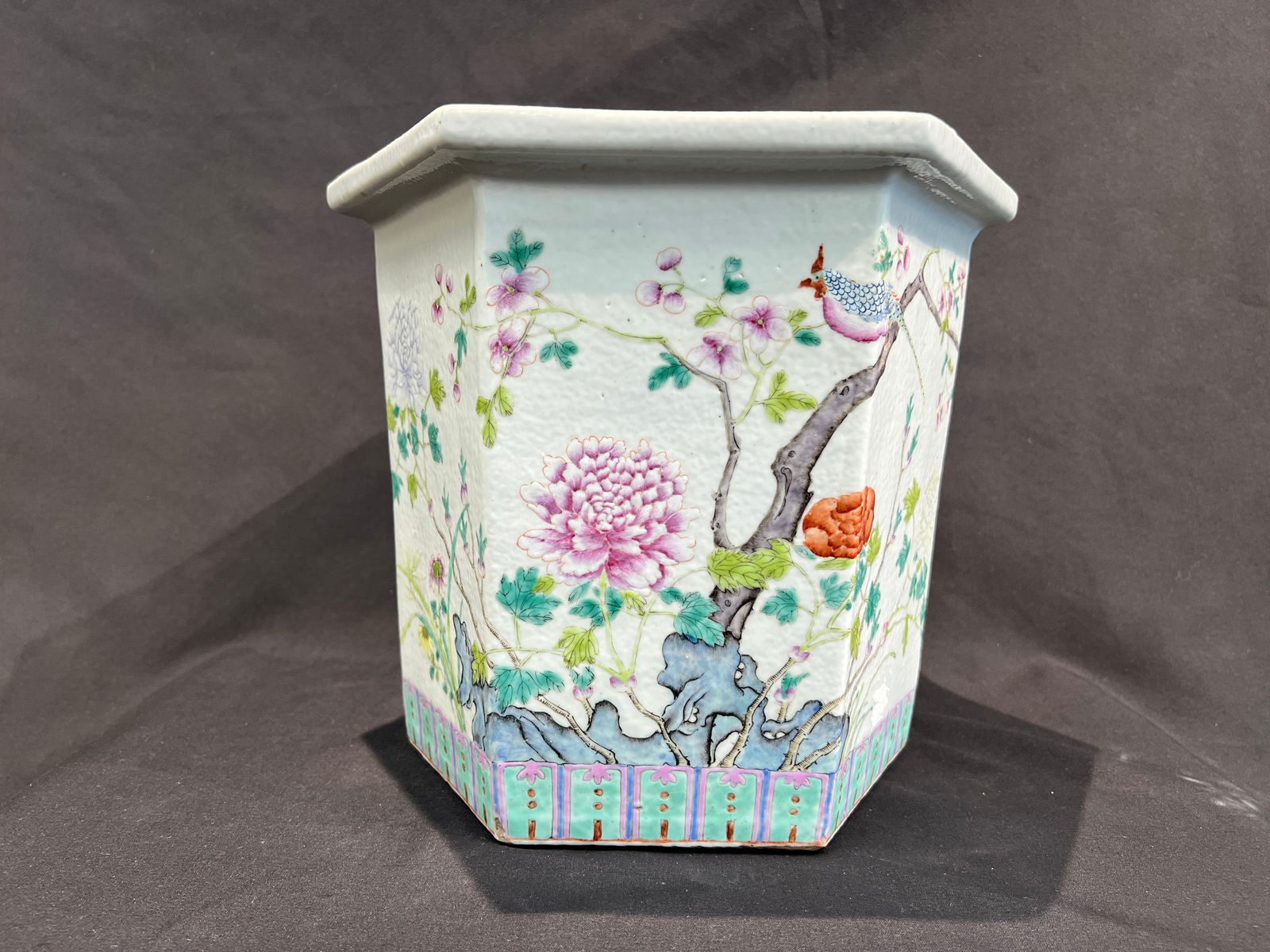 Republic Period Famille Rose 'Noble White-Headed' Hexagonal Flower Pot: H250cm W26.4cm Republic Period Famille-Rose "Wealth and White-Headed" Hexagonal Flower Pot. Form: Hexagonal shape with flared rim, straight sides, flat base; fine and dense porcelain body with lustrou
