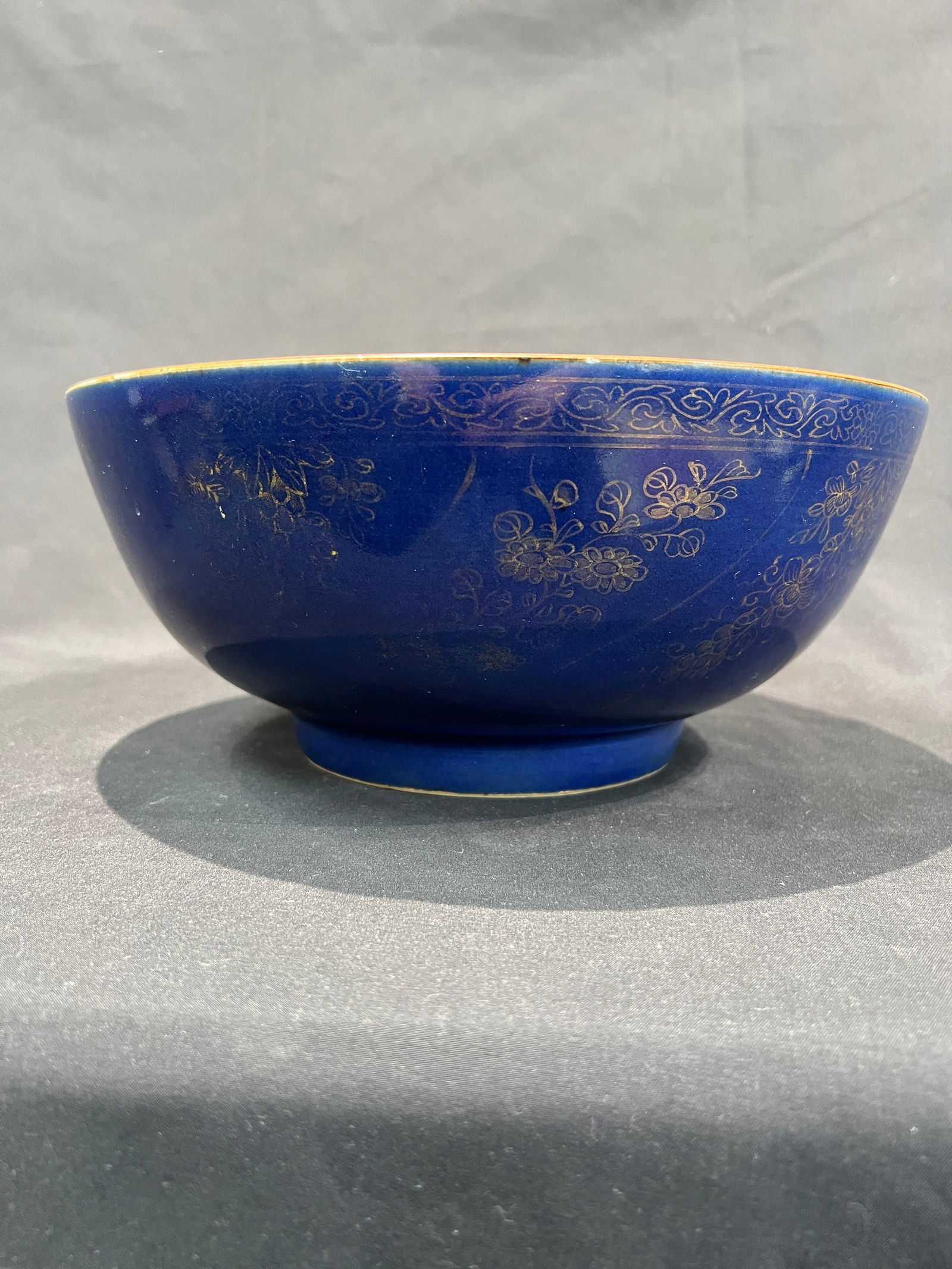 Qing Daoguang Sacrificial Blue Glaze Gilded Prunus Branch Floral Large Bowl: H11.5cm W27cm Qing Dynasty Daoguang Period Sacrificial Blue Glazed Large Bowl with Gilt Foliate Floral Decoration. Features: Flared rim, curved body, and ring foot with fine, dense porcelain body and