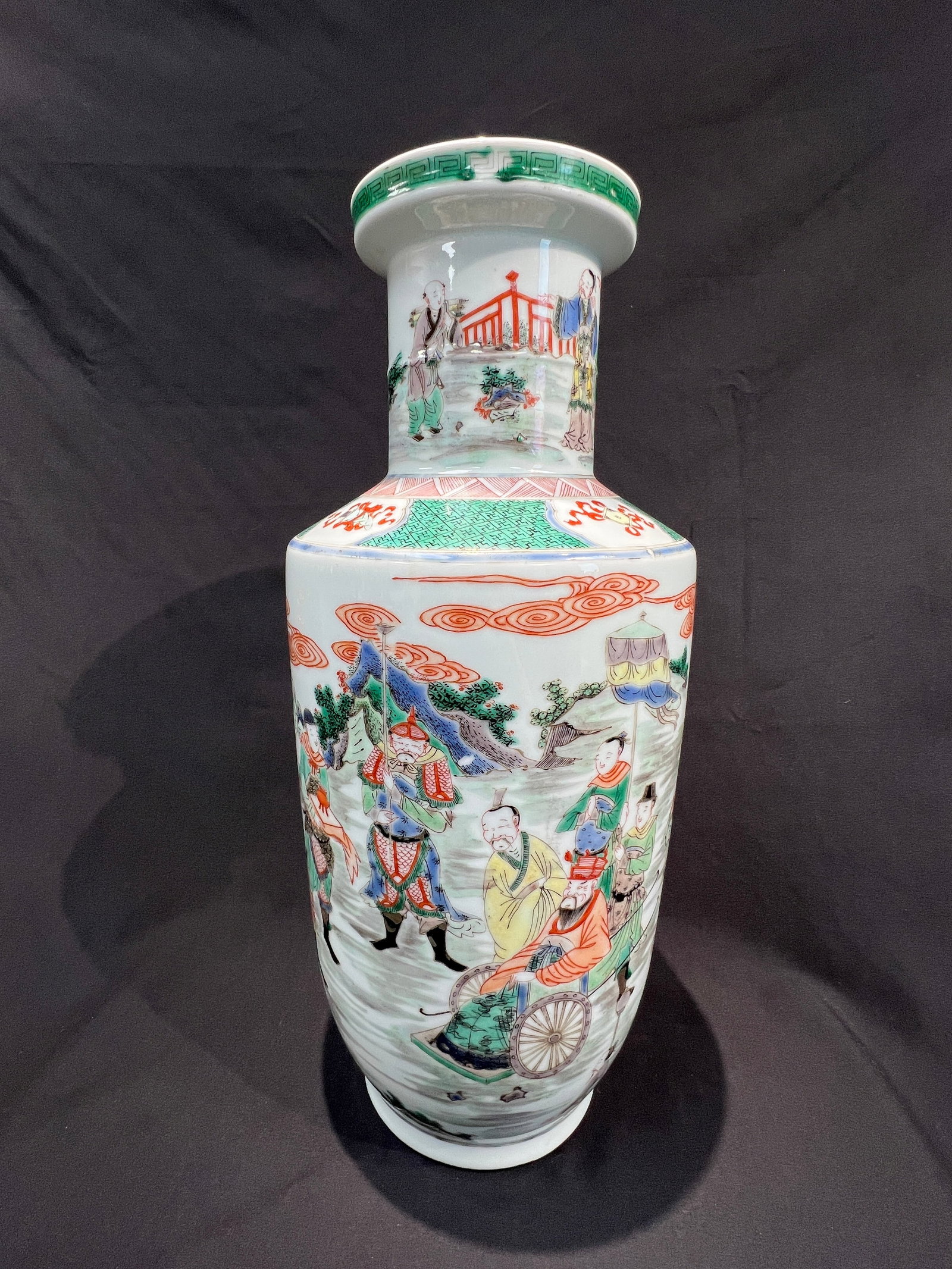 Qing Dynasty Wucai Figural Narrative Club-Form Vase: H49cm W20cm Wucai Warrior and Literary Figure Mallet Vase. Period: Late Qing Dynasty (Guangxu). Material: White porcelain body with wucai enamels (underglaze blue + overglaze red, green, black, etc.).
