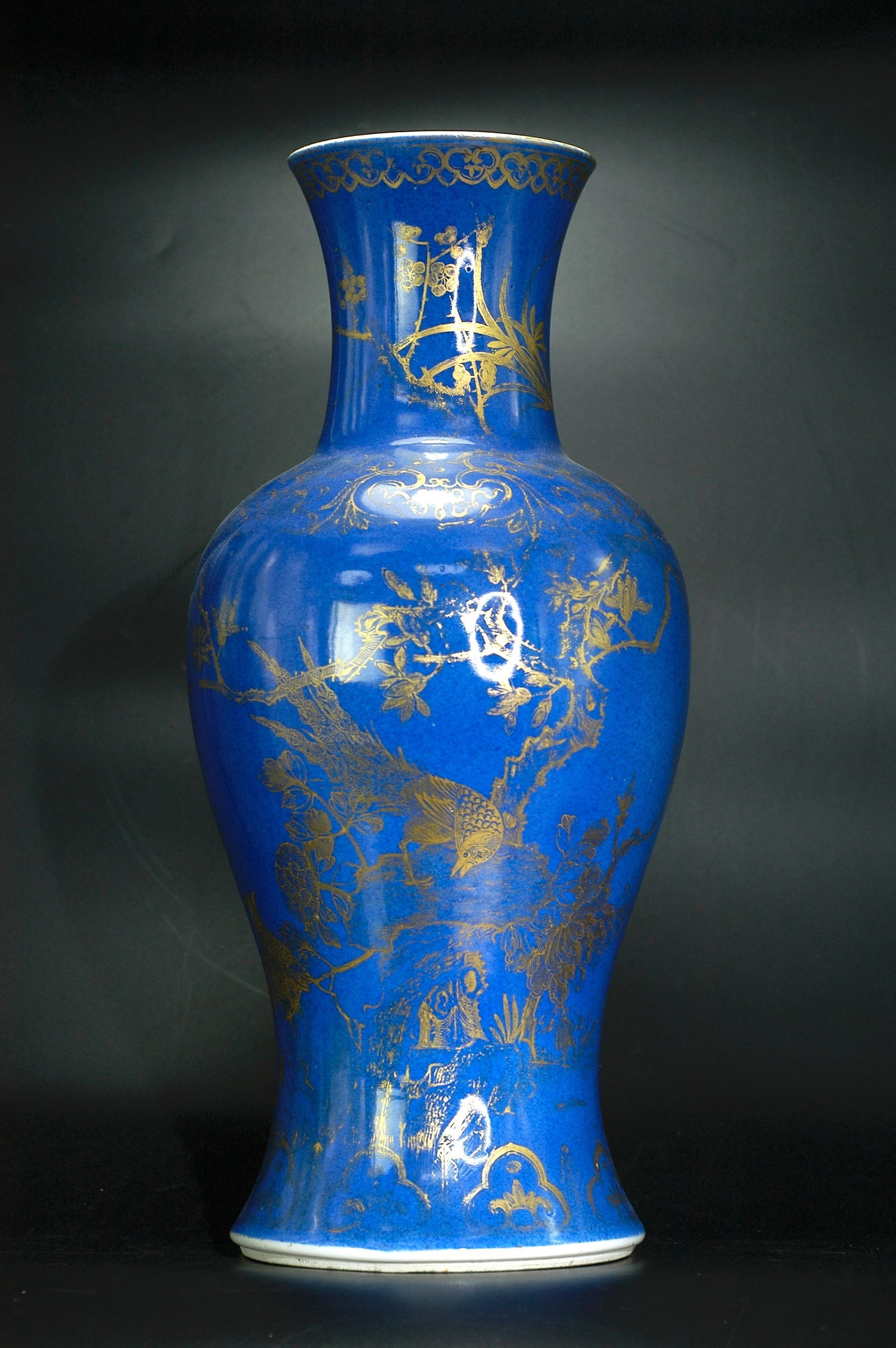 19th Century Blue Splashed Glaze Gold-Painted Floral Guanyin Vase: H:40CM W:16CM. Guangxu Period Powder Blue Glazed Gilt-Decorated Pheasant and Peony Guanyin Vase (Old Drilled Conversion). Attribution: Authentic Guangxu period Jingdezhen folk kiln fine ware, genuine