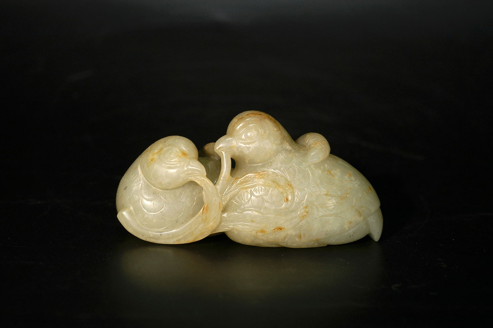 Qing Mid-Period Hetian Greenish-White Jade Mandarin Ducks on Branch: H:4.6cm W:9.2cm Mid-Qing Dynasty Hetian Blue-White Jade Mandarin Duck with Branch Ornament. Period: Mid-Qing Dynasty (Qianlong - Jiaqing). Material: Xinjiang Hetian blue-white jade with natural reddis